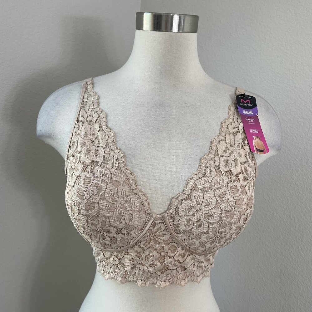 Maidenform Bra Womens 36D‎ Beige Lace Wireless Foam Cups Halter Convertible